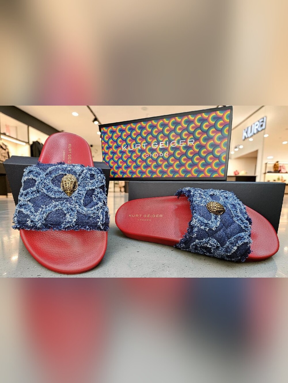 Kurt Geiger London Meena Eagle Denim Slide Sandals NWT